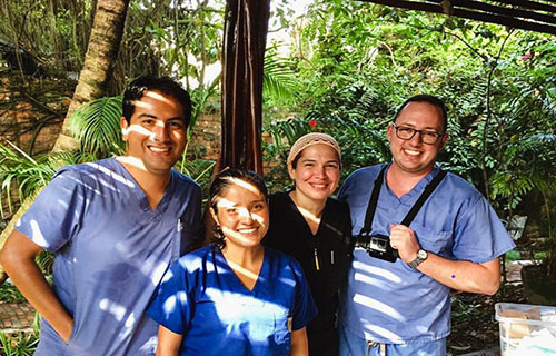 Drs. Marco Alarcon and Tania Ariza (Universidad Peruana Cayetano Heredia) and Drs. Ana Lucia Seminario and Kyle Kirk (UW) during a field trip in the Peruvian Amazon